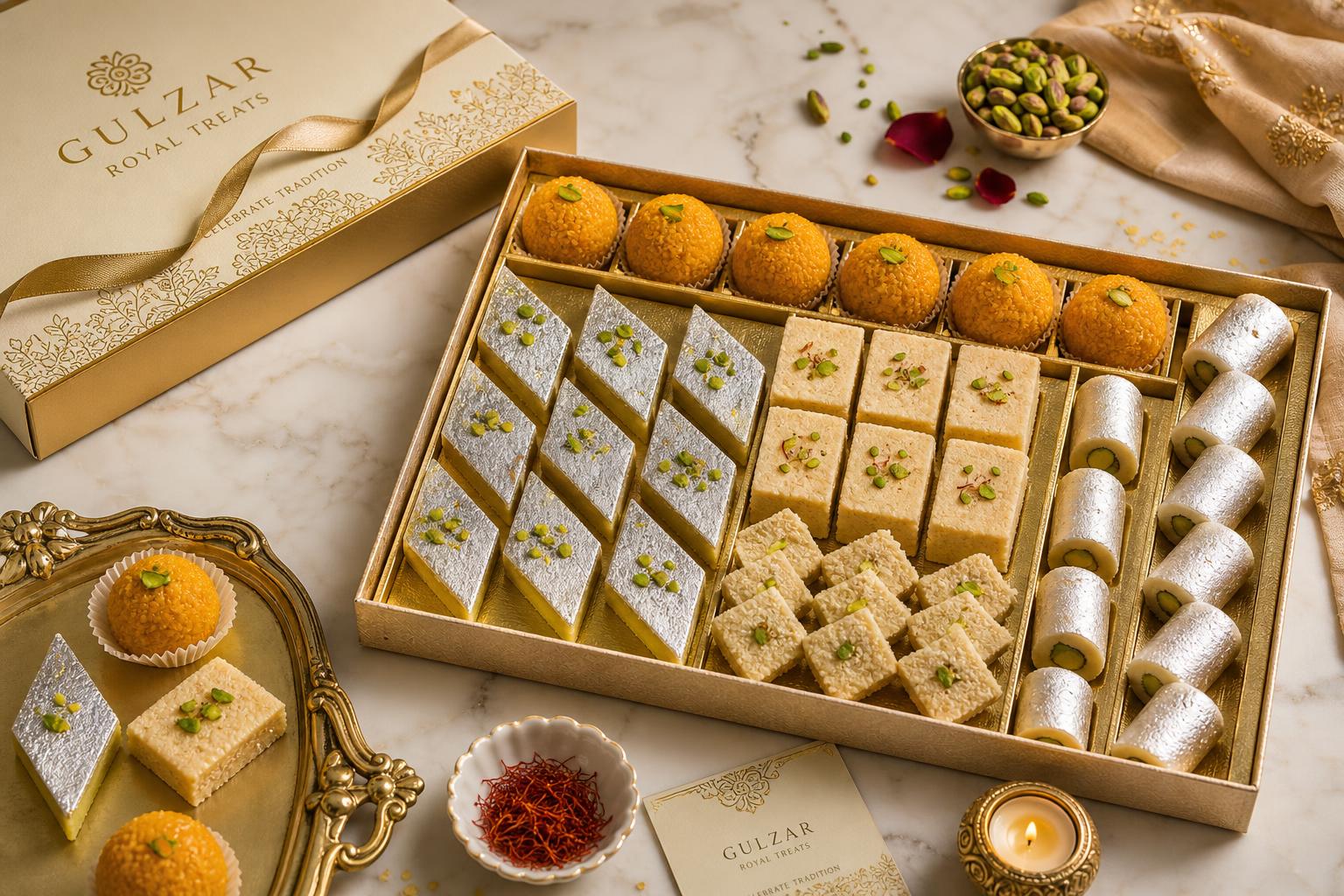 Premium South Asian mithai assortment — ladoo, burfi, kaju roll, and milk cake